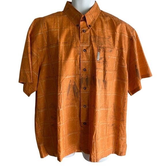 Columbia River Lodge Shirt Mens XL Orange Fishing Print Button Up Short Sleeve - Picture 1 of 8